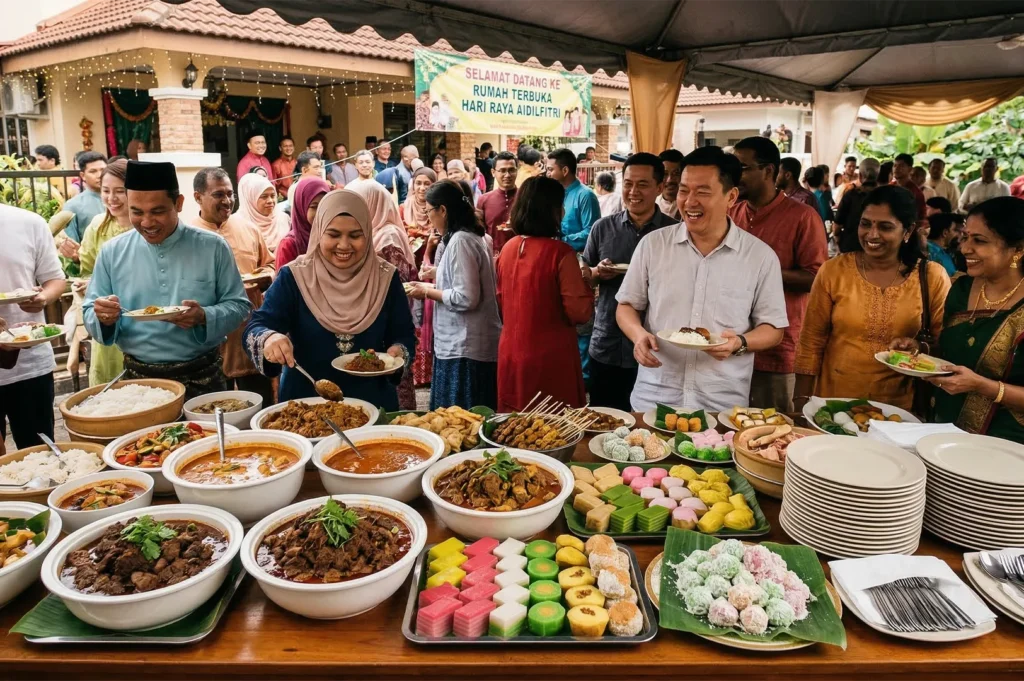 A vibrant Hari Raya Aidilfitri open house in Malaysia featuring a large buffet of traditional Malay dishes, colorful kuih-muih, and people in traditional attire.
