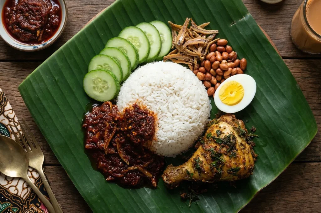 A traditional Malaysian Nasi Lemak served on a banana leaf with coconut rice, fried chicken, sambal, anchovies, peanuts, and sliced cucumber.