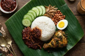 A traditional Malaysian Nasi Lemak served on a banana leaf with coconut rice, fried chicken, sambal, anchovies, peanuts, and sliced cucumber.