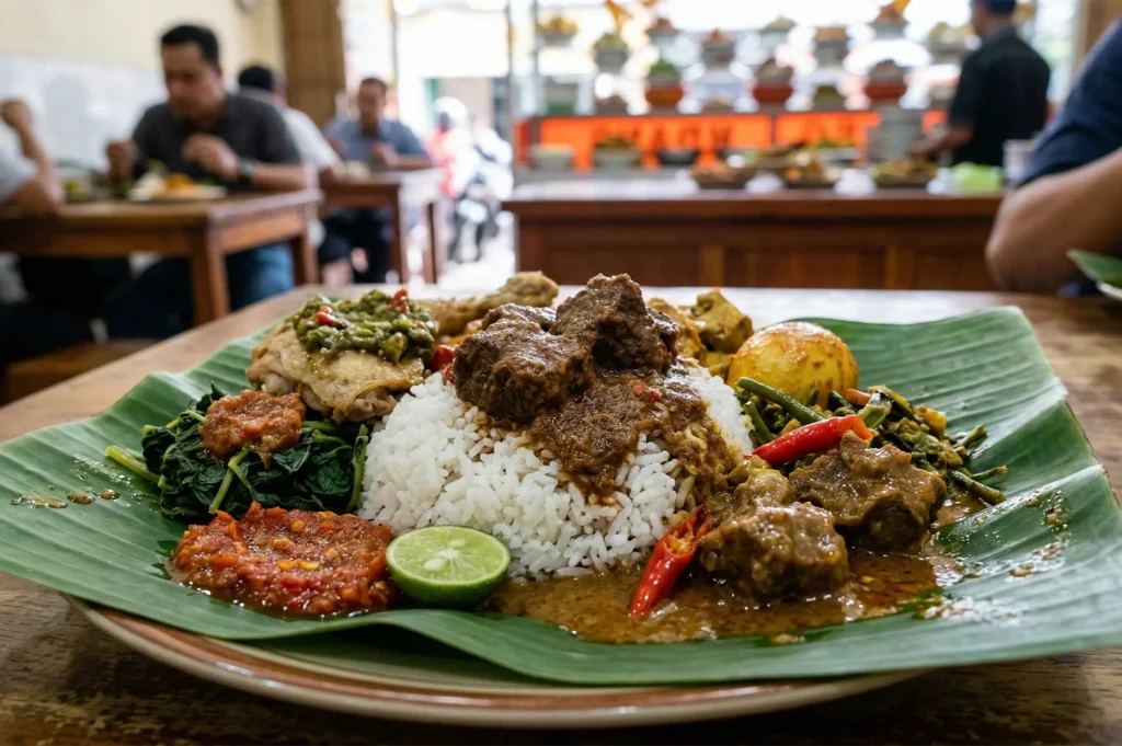 A traditional plate of Nasi Padang served on a banana leaf featuring beef rendang, sambal, and various Indonesian side dishes.