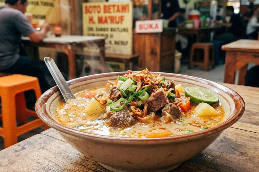 A steaming bowl of Soto Betawi from H. Ma'ruf with beef, potatoes, and fried shallots in a creamy coconut milk broth.