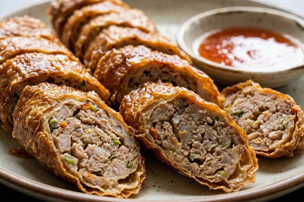 Close-up of sliced Ngoh Hiang (fried meat rolls wrapped in bean curd skin) served on a plate with a side of sweet chili dipping sauce.