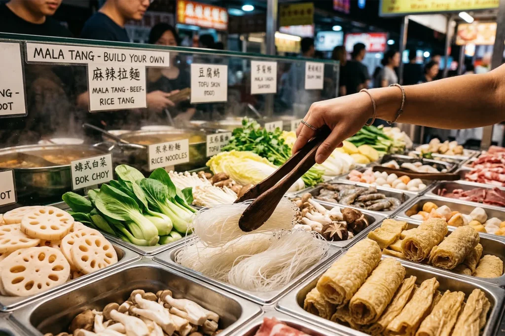 A person using wooden tongs to select glass noodles at a "Build Your Own" Mala Tang street food stall featuring bok choy, lotus root, and mushrooms.