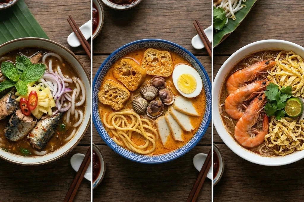 A collage of three popular Malaysian noodle soups: Penang Asam Laksa, Curry Mee with cockles, and Sarawak Laksa with prawns.