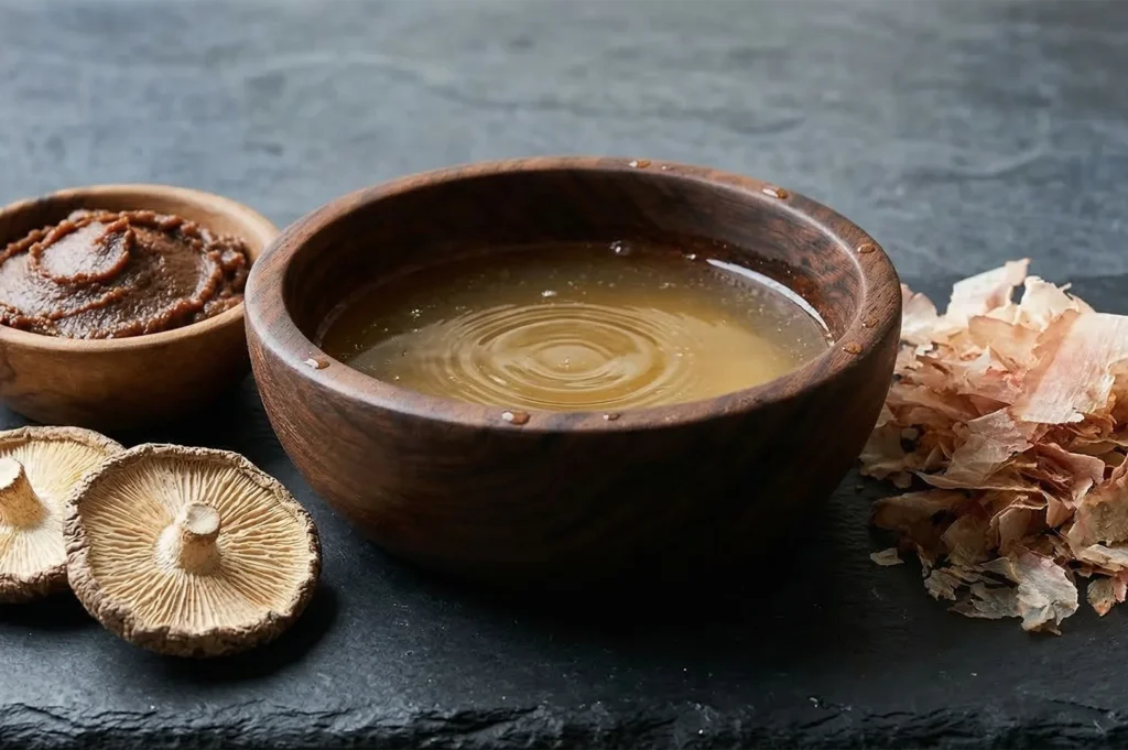 A wooden bowl of golden dashi broth with miso paste, dried shiitake mushrooms, and bonito flakes on a dark stone surface.