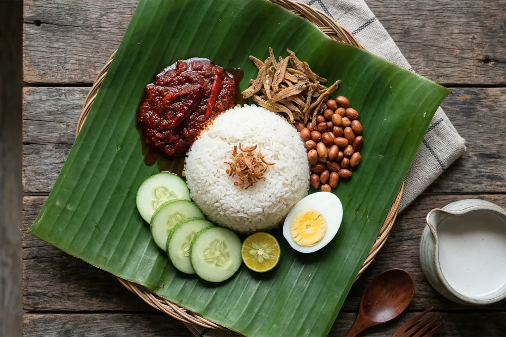 Top-down view of Nasi Lemak served on a banana leaf with coconut rice, spicy sambal, crispy anchovies, peanuts, cucumber slices, and a hard-boiled egg.