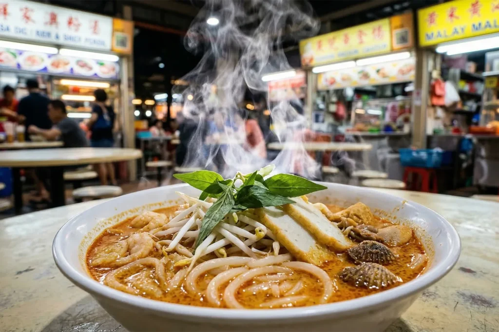 A steaming bowl of spicy Singaporean laksa with rice noodles, prawns, cockles, and bean sprouts in a busy outdoor hawker center.
