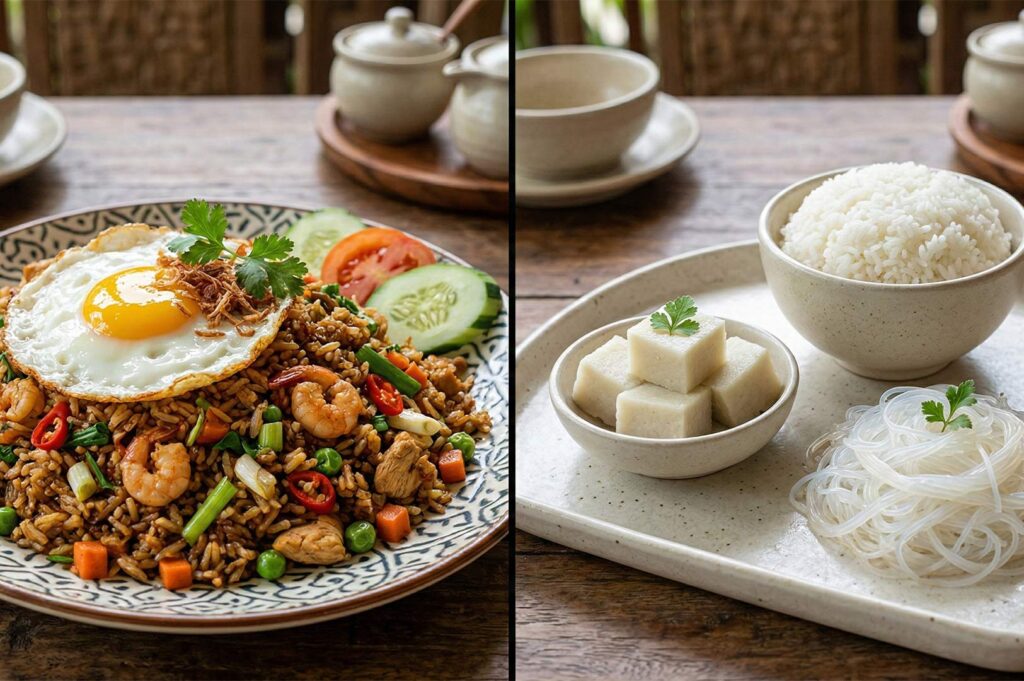 Indonesian Nasi Goreng (fried rice) topped with a sunny-side-up egg and shrimp, served with rice and vermicelli on the side.
