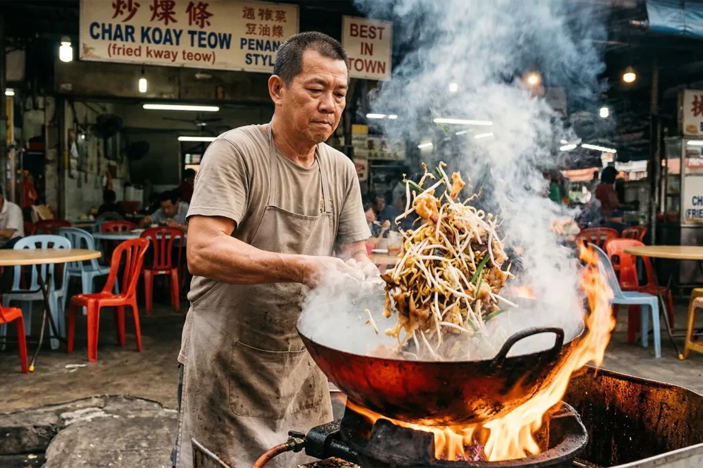 A Malaysian street food hawker stir-frying Char Koay Teow in a large wok over a high flame at a local night market.