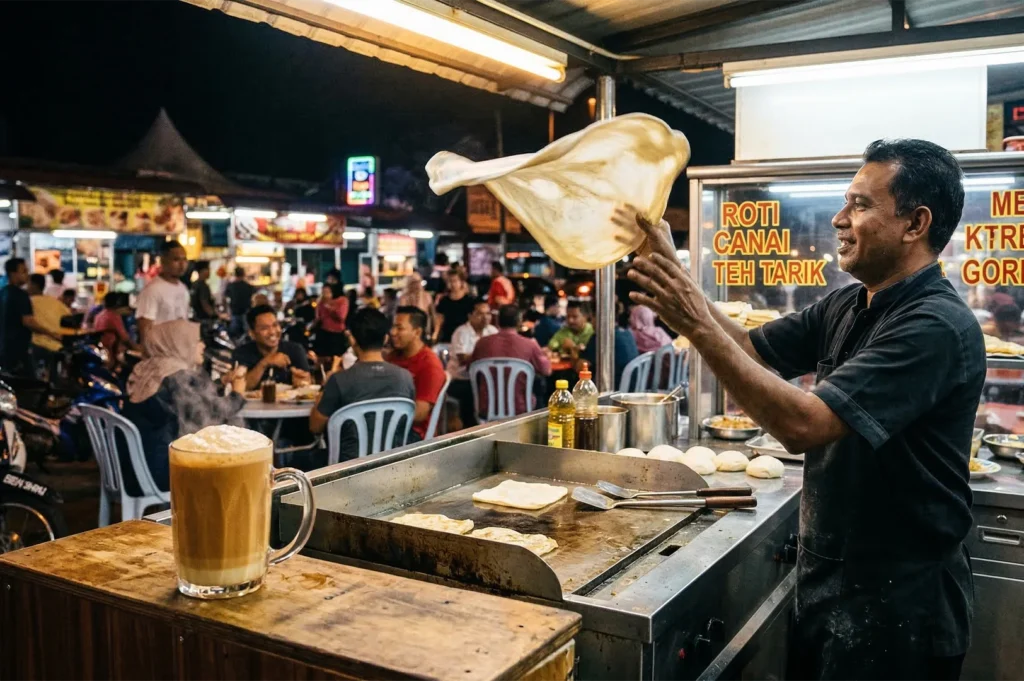 A Malaysian street food vendor skillfully flipping Roti Canai dough at a night market stall next to a frothy glass of pulled milk tea (Teh Tarik).