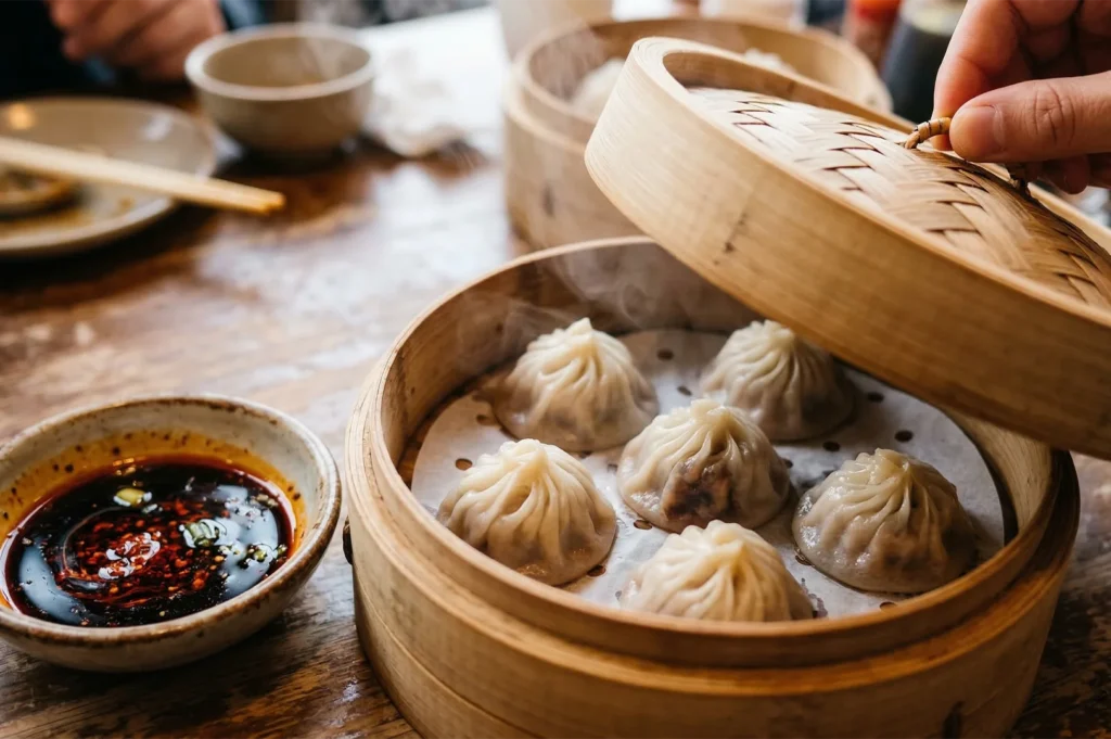 A close-up of six steaming Xiao Long Bao (soup dumplings) in a traditional bamboo steamer basket with a side of chili oil dipping sauce.