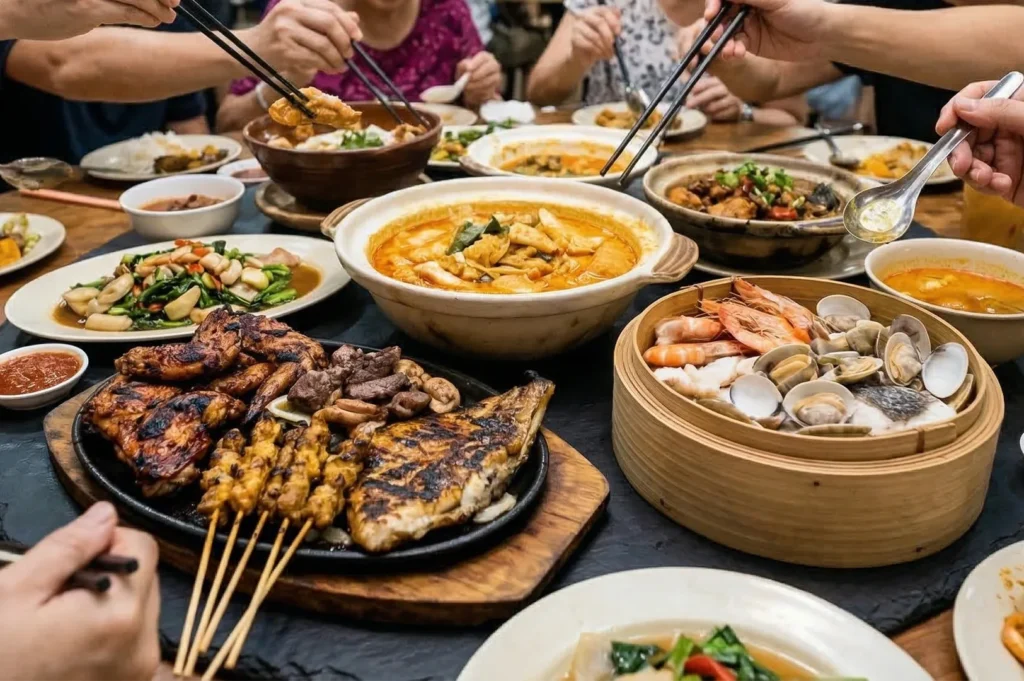 A large spread of Asian cuisine featuring chicken satay, grilled fish, seafood claypot, and stir-fried vegetables shared by a group.