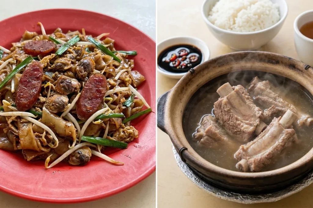A split image showing stir-fried Char Kway Teow noodles with cockles and Chinese sausage on the left, and a clay pot of peppery Bak Kut Teh pork rib soup with rice on the right.