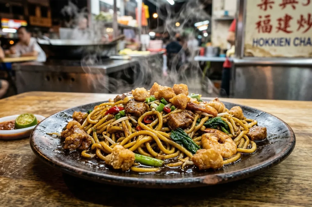 A steaming plate of Kuala Lumpur style Hokkien Char Mee, featuring thick yellow noodles braised in dark soy sauce with prawns, pork, and crispy lard.