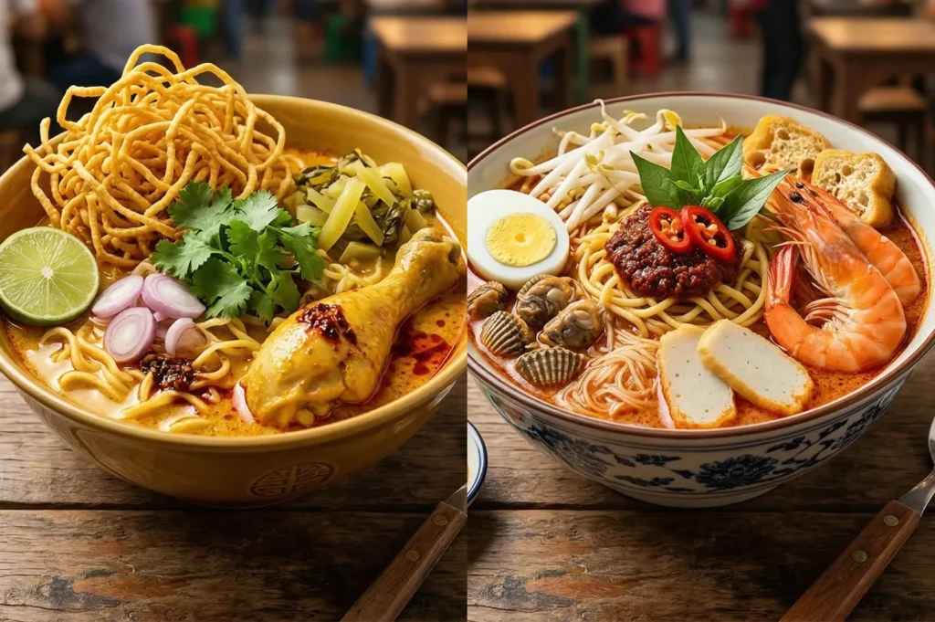 A side-by-side comparison of two noodle soups: Northern Thai Khao Soi with crispy noodles and a rich Seafood Laksa with shrimp and cockles.