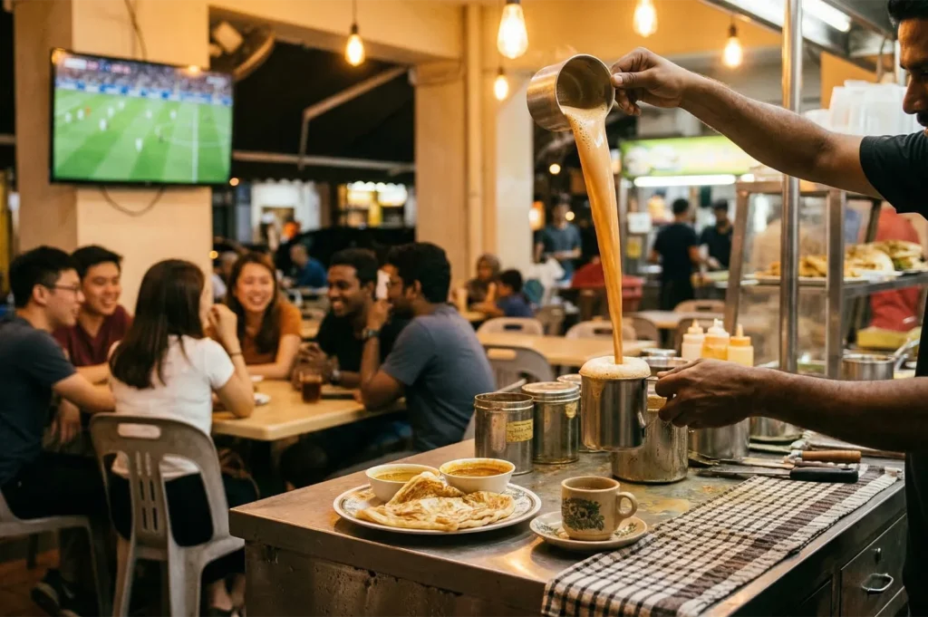 A server pouring Teh Tarik (pulled tea) with a high stream in a Malaysian Mamak restaurant, with customers and Roti Canai in the background.
