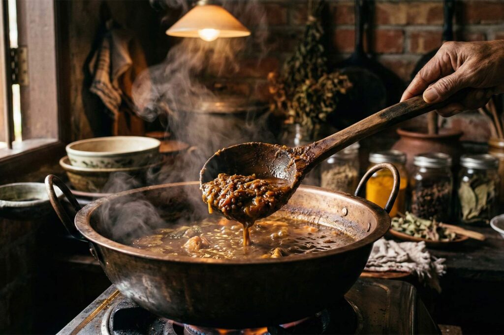 A wooden ladle scooping a thick, dark Indonesian beef stew from a large copper pot in a rustic, sunlit kitchen.