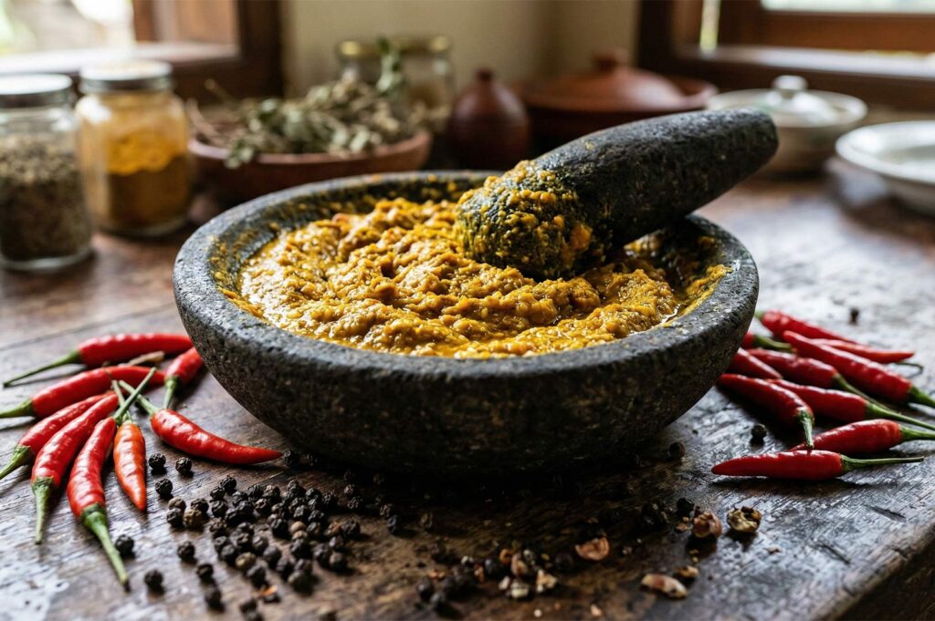 A stone mortar and pestle (cobek) filled with yellow spice paste (bumbu) surrounded by red bird's eye chilies and peppercorns.
