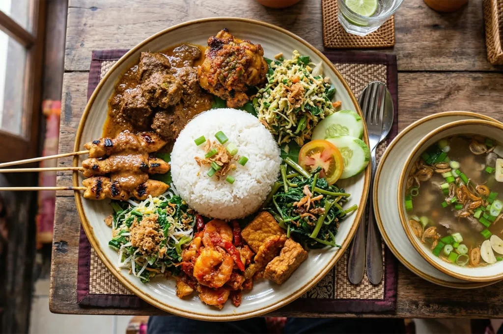 A traditional Southeast Asian rice platter featuring a central mound of white rice surrounded by beef rendang, chicken satay, sambal prawns, and vegetables.