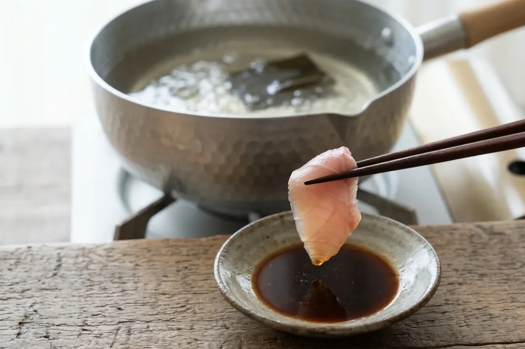 Close-up of chopsticks dipping a thin slice of raw fish into soy sauce with a traditional Japanese hot pot simmering in the background.