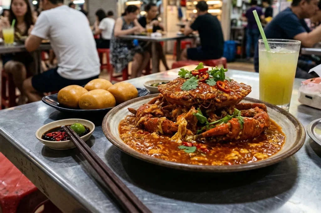 Iconic Singaporean Chili Crab served in a rich savory sauce with a side of golden fried mantou buns and a glass of calamansi juice at a hawker stall.