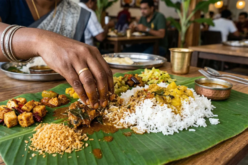 A close-up of a person eating traditional Indian Banana Leaf Rice by hand, featuring white rice, assorted vegetable curries, and fried tofu.