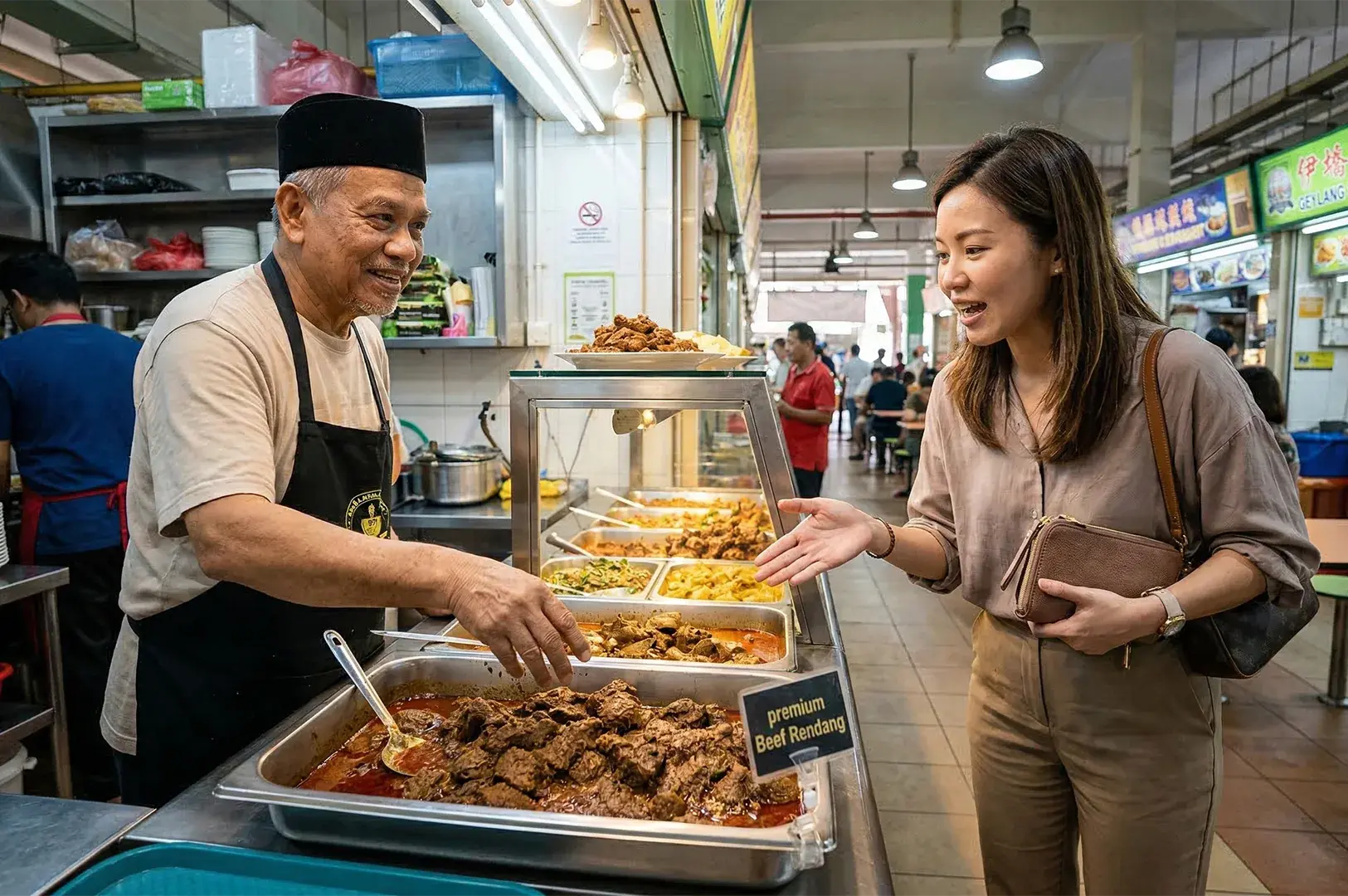 A woman ordering premium beef rendang from a friendly vendor at a Nasi Padang stall in a hawker center.