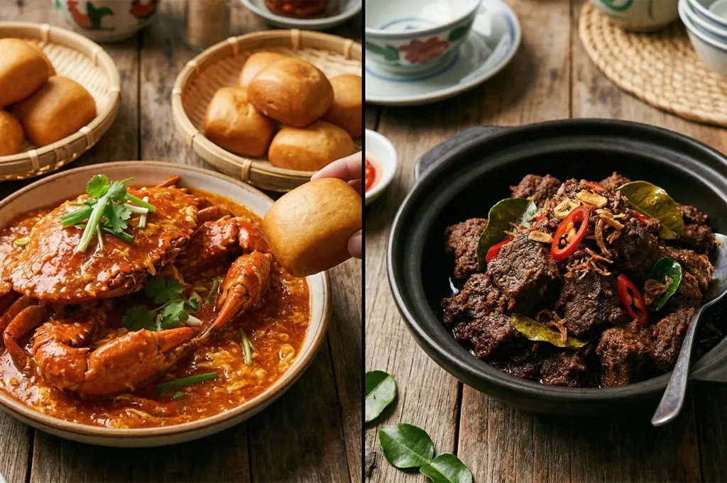 A split image featuring a spicy Singaporean Chili Crab served with golden fried mantou buns on the left and a rich Beef Rendang curry on the right.
