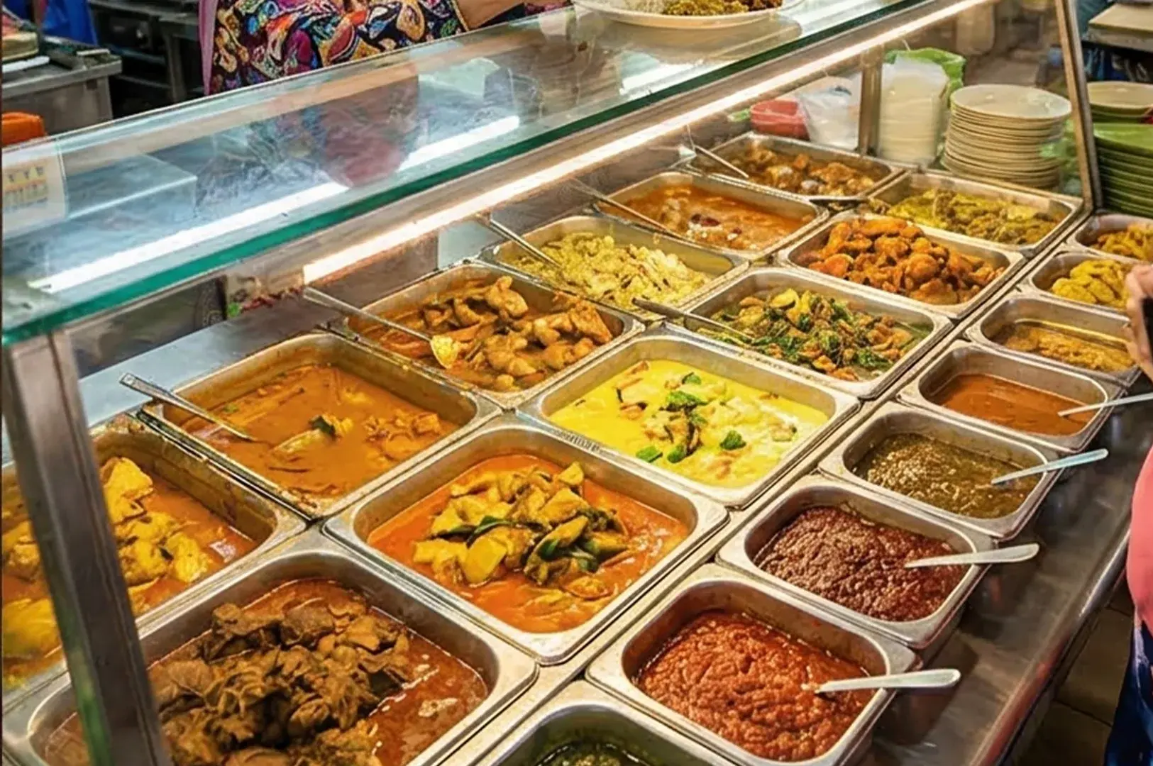 A wide variety of traditional Malay and Indonesian dishes, such as beef rendang, curry chicken, and sambal, displayed in stainless steel trays at a Nasi Padang food stall.