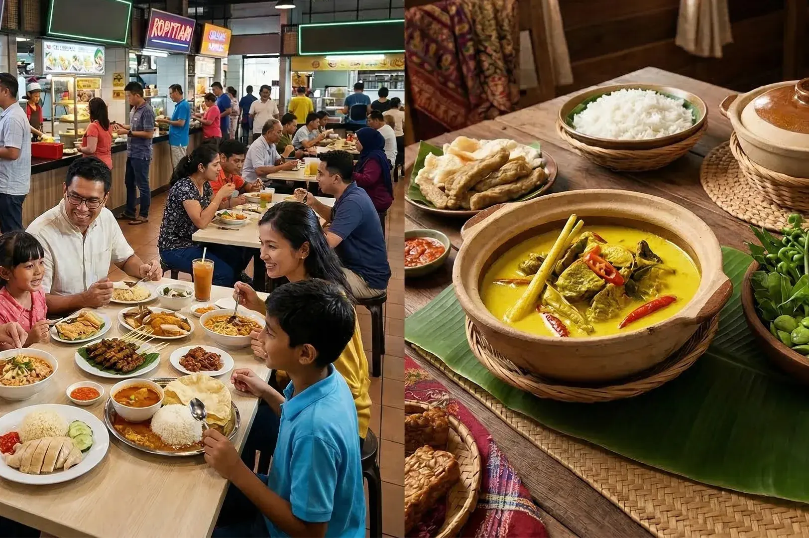 A family enjoying a variety of Malaysian dishes including satay and claypot curry in a busy open-air eatery.