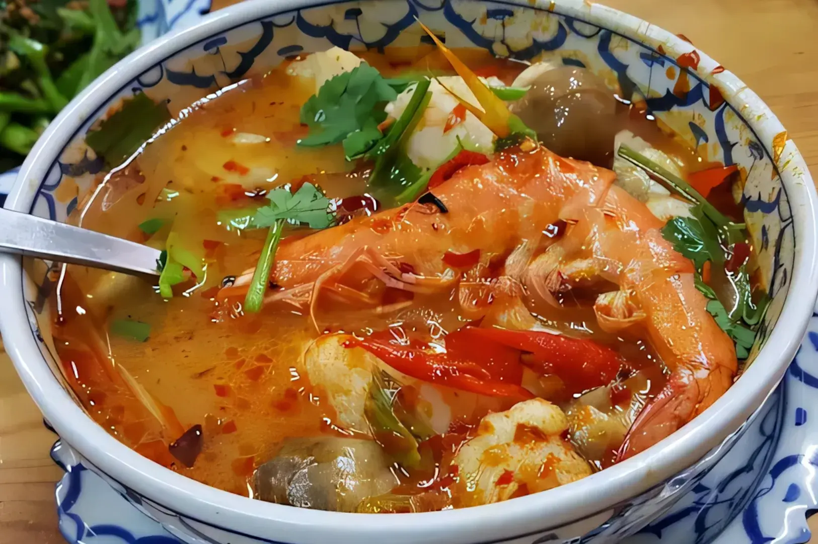 A close-up of a spicy Tom Yum Goong soup featuring large prawns, chili, and fresh cilantro in a traditional blue and white ceramic bowl.