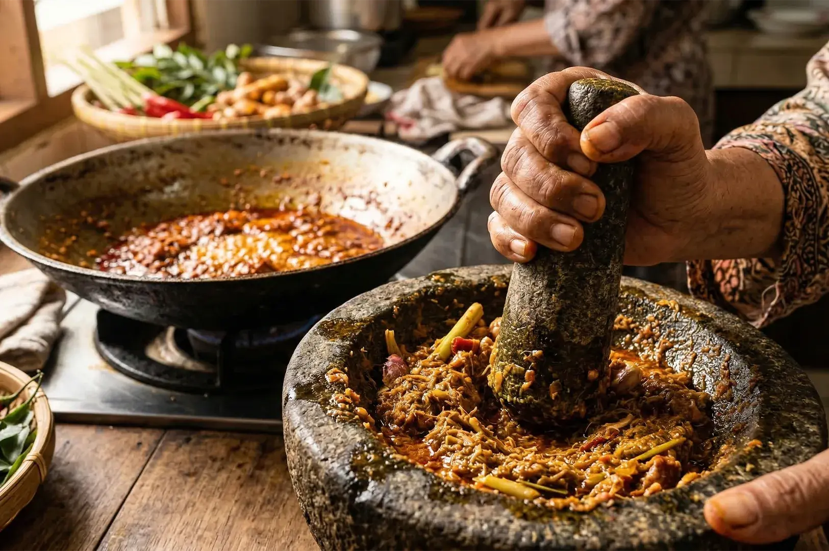 Close-up of hands using a granite mortar and pestle to grind fresh spices and sambal next to a bubbling wok.