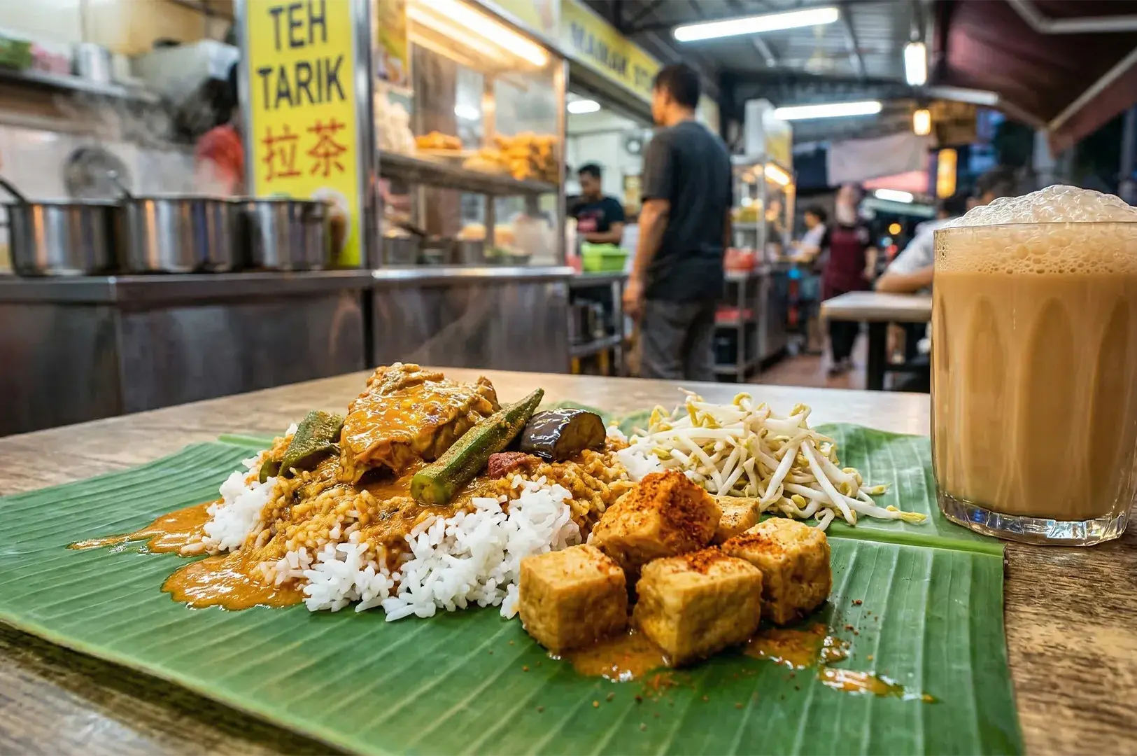 A plate of Nasi Kandar topped with curry and okra served on a banana leaf next to a frothy glass of Teh Tarik.