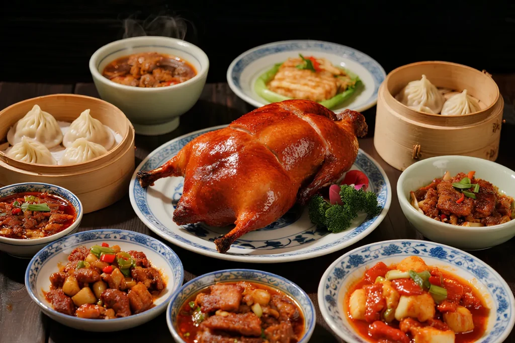 Traditional Chinese restaurant spread in Singapore featuring whole Peking duck, xiao long bao soup dumplings, dim sum baskets, stir-fried dishes, and classic Cantonese cuisine.