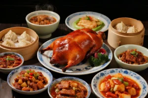 Traditional Chinese restaurant spread in Singapore featuring whole Peking duck, xiao long bao soup dumplings, dim sum baskets, stir-fried dishes, and classic Cantonese cuisine.