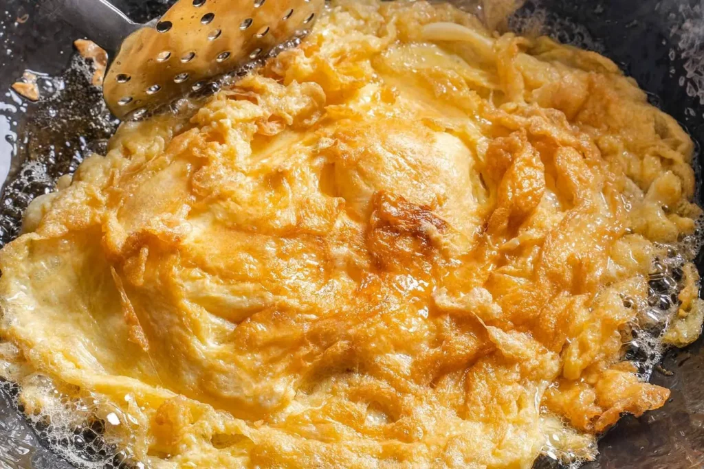 A golden-brown Thai-style omelet sizzles in a wok filled with hot, bubbling oil. A metal slotted turner rests near the edge, ready to flip the crispy, aerated eggs.