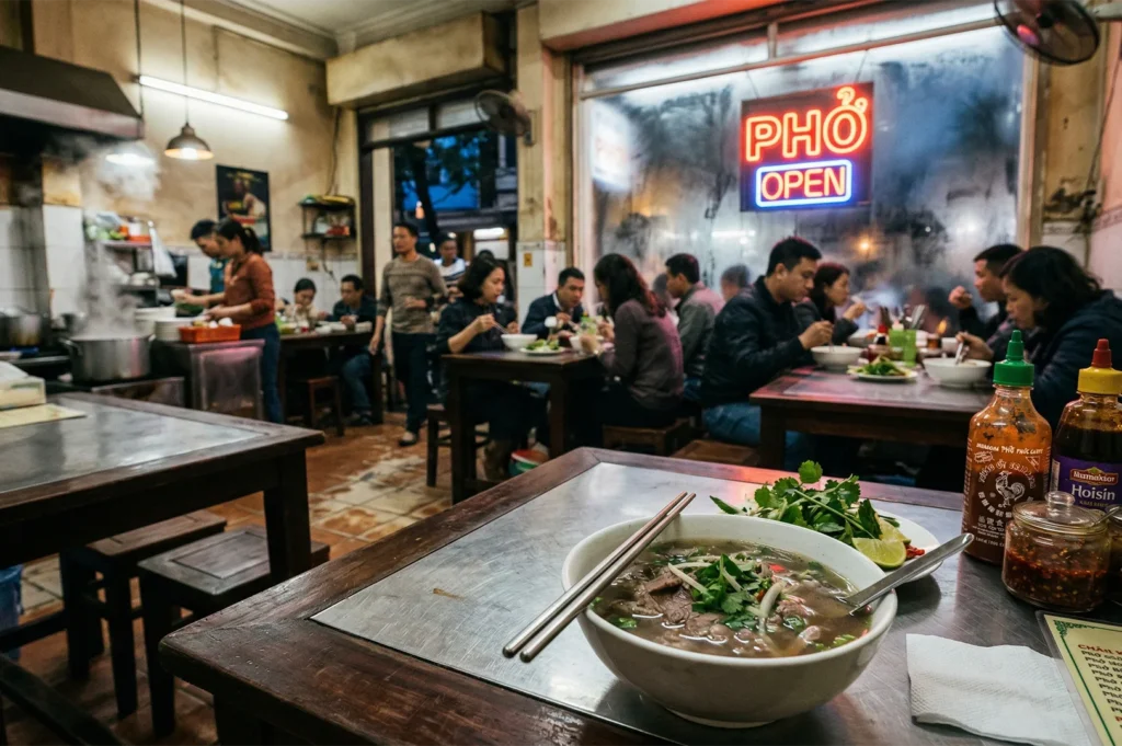 A busy Vietnamese noodle shop at night with customers eating under a neon Pho Open sign.