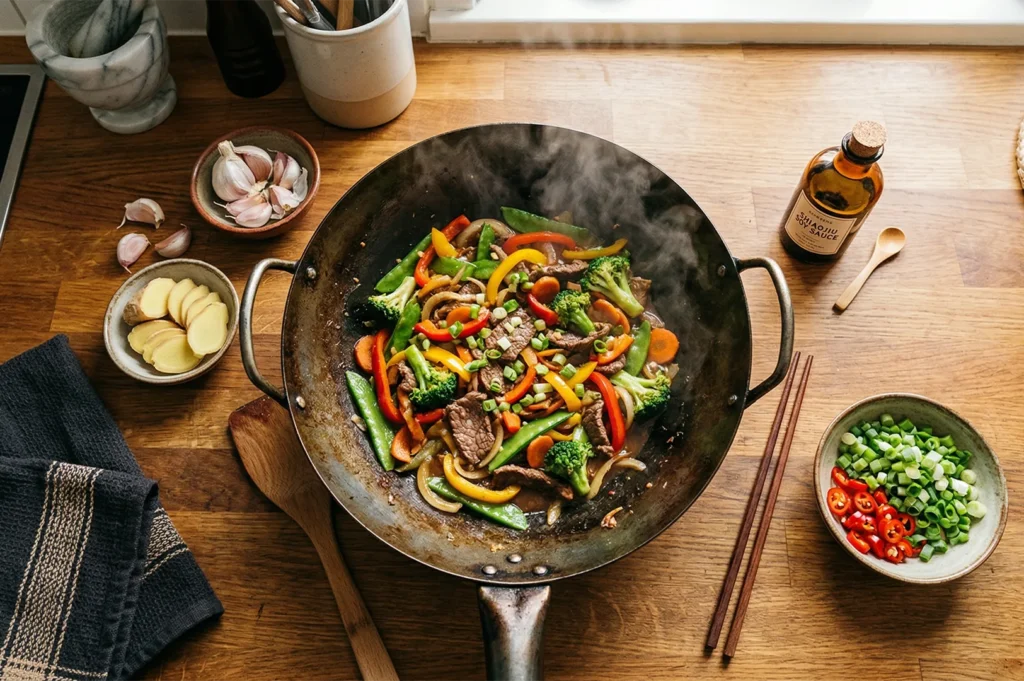 Top-down view of a colorful beef and vegetable stir-fry in a carbon steel wok with ginger, garlic, and scallions on a wooden counter.