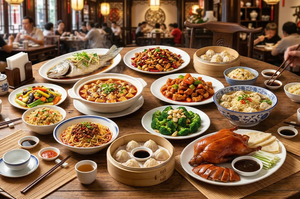 A large banquet table filled with various Chinese dishes including Peking duck, dim sum, steamed fish, and Mapo tofu in a traditional restaurant setting.