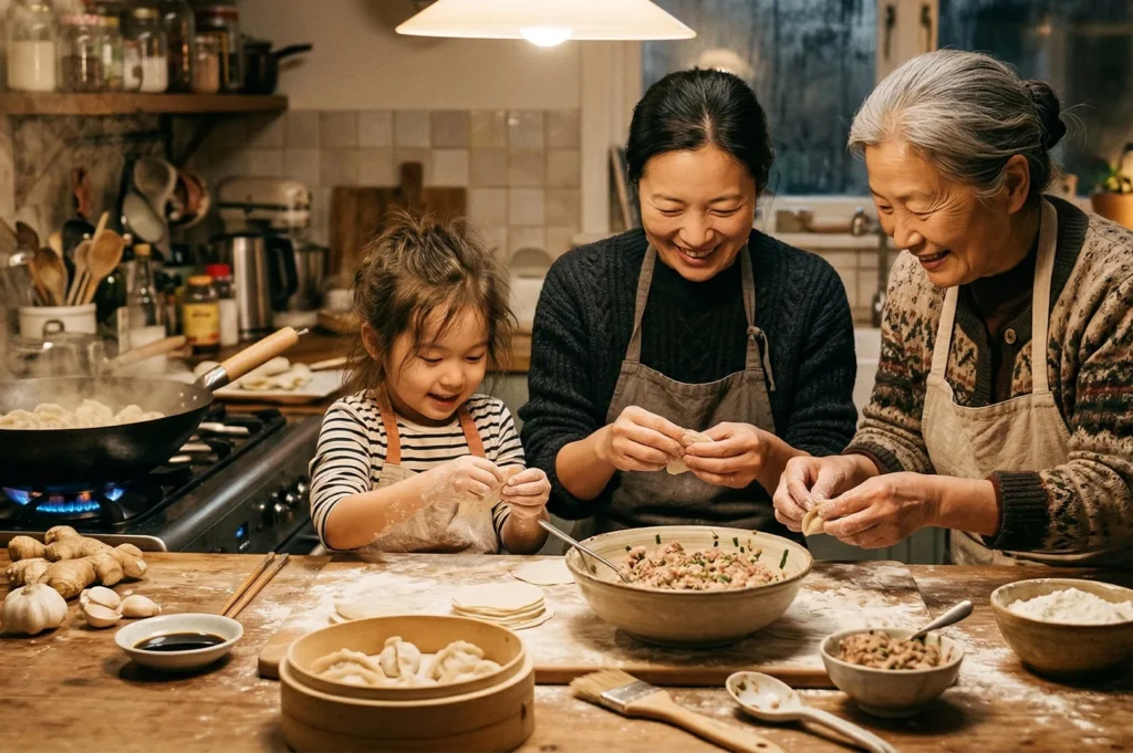 Three generations of a family—a grandmother, mother, and young daughter—smiling while folding handmade dumplings in a warm kitchen.