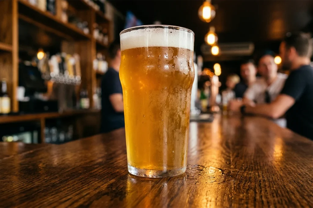 A cold, condensation-covered pint of golden craft beer sitting on a rustic wooden bar counter in a dimly lit pub.