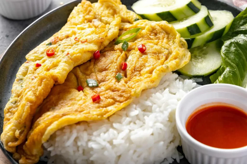 A golden, crispy Thai omelette is served over a bed of steamed white rice and garnished with sliced red chilies and green onions. The dish is accompanied by fresh cucumber slices and a small bowl of spicy red dipping sauce on the side.