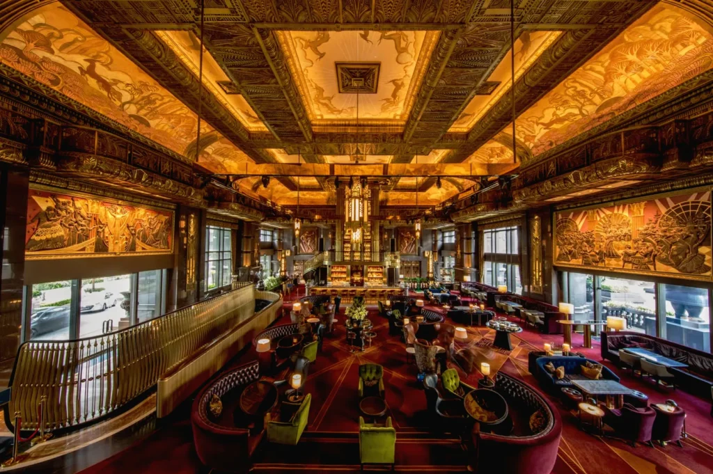 Luxury hotel bar lounge with Art Deco design in Atlas Bar.