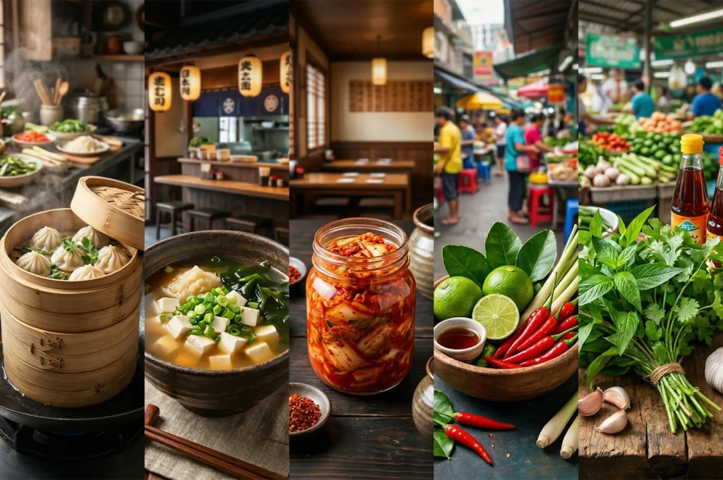 A collage featuring dim sum, miso soup, a jar of kimchi, fresh Thai herbs, and a bustling Asian outdoor food market.
