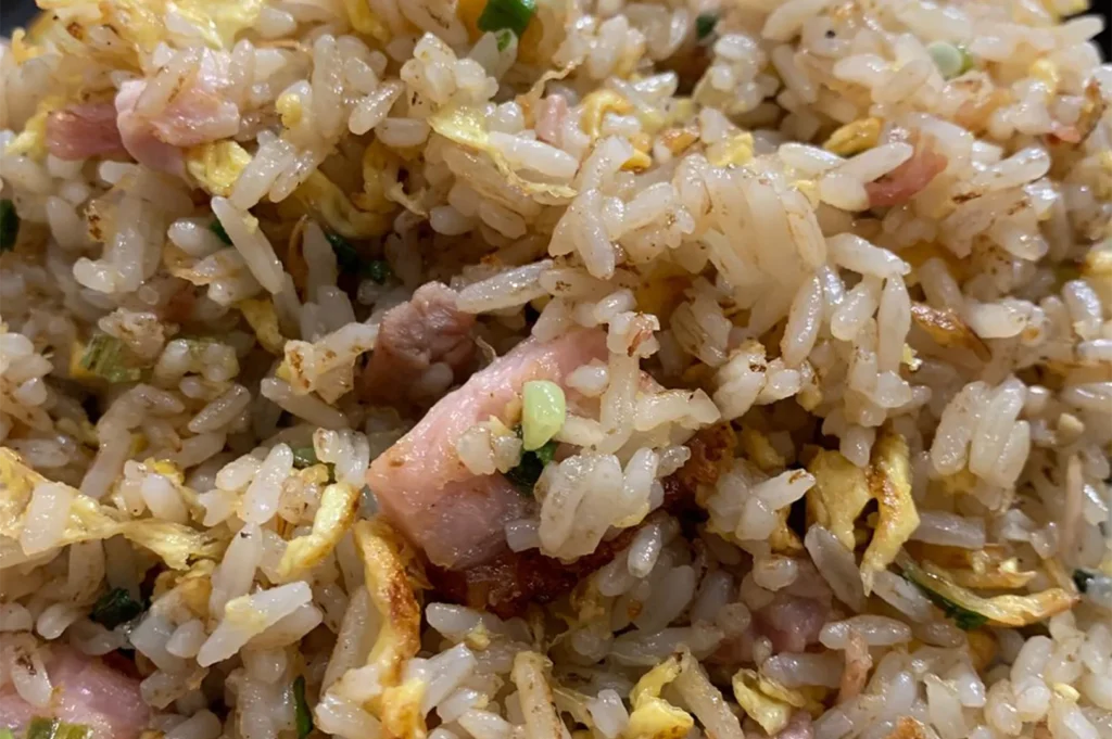 A macro close-up of Cantonese-style fried rice with visible bits of roast pork (char siew), scrambled eggs, and green onions.