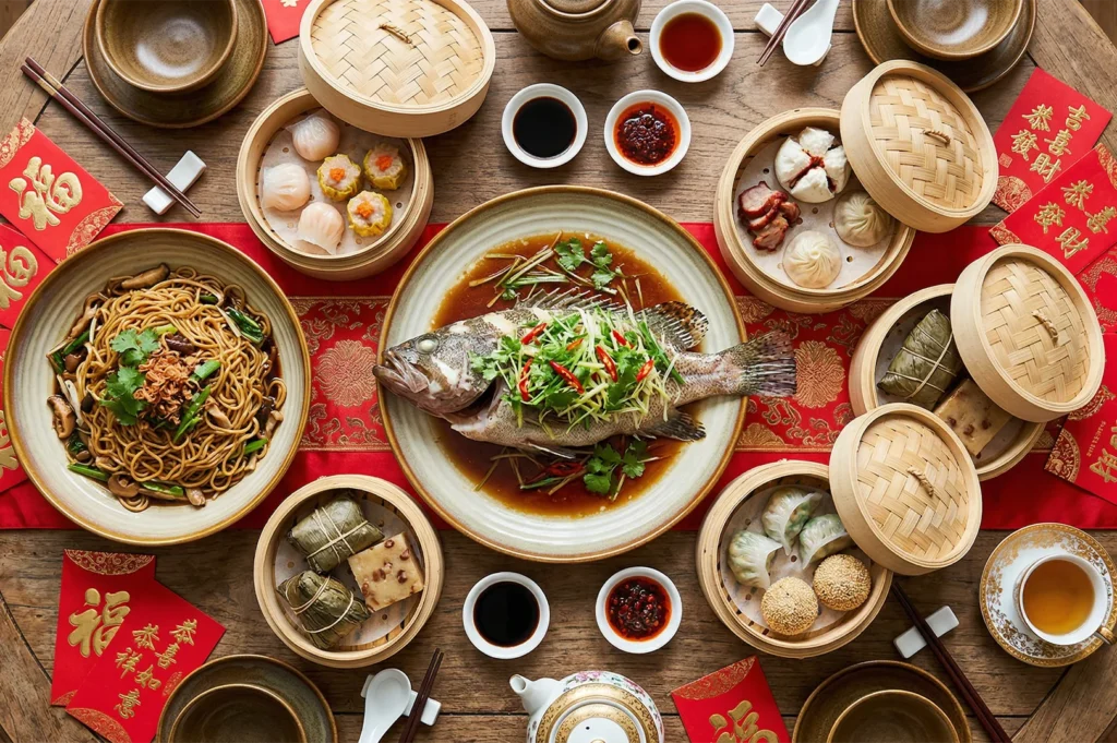 Top-down view of a traditional Lunar New Year spread featuring steamed fish, noodles, dim sum baskets, and red envelopes on a festive table.