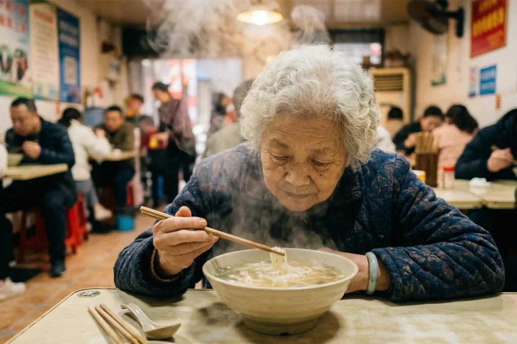 A close-up of an elderly Asian woman using chopsticks to eat a steaming bowl of traditional noodle soup.