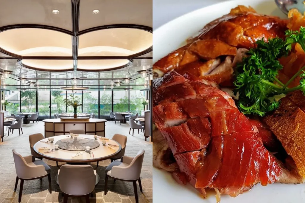 A split view showing a modern luxury Chinese dining room with circular tables and a close-up of crispy Cantonese roasted duck.