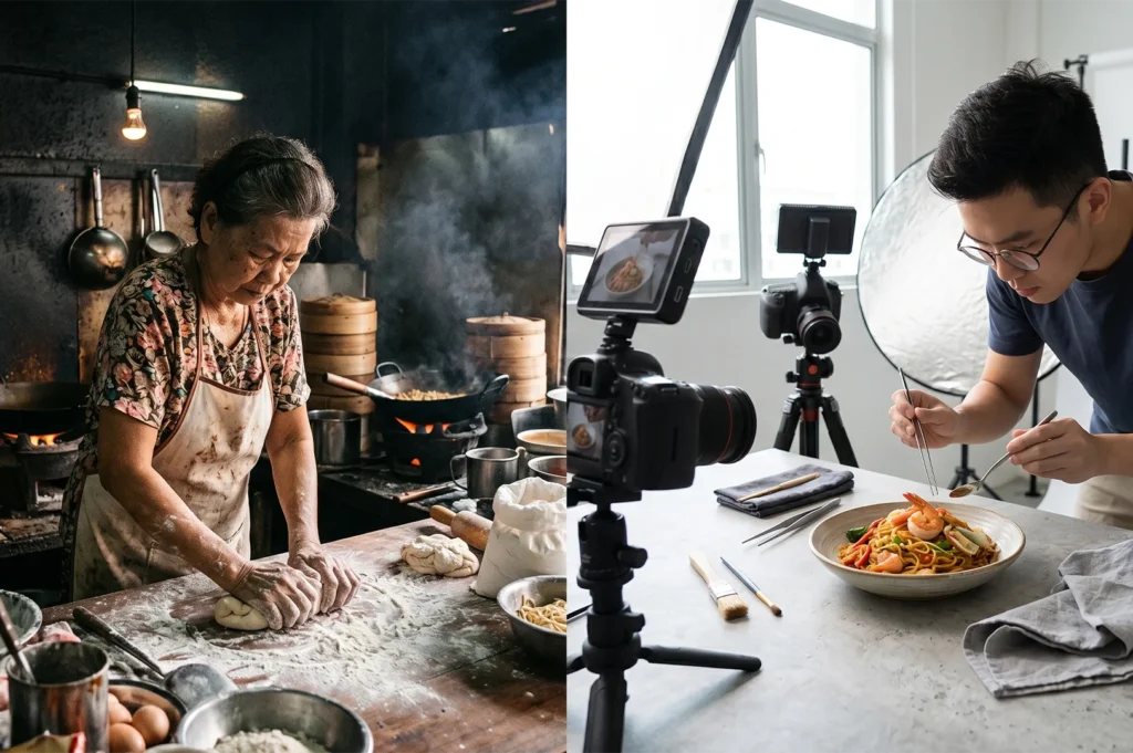 A split-screen image showing an elderly woman kneading dough in a traditional kitchen on the left, and a modern food stylist arranging a noodle dish under professional studio lights on the right.
