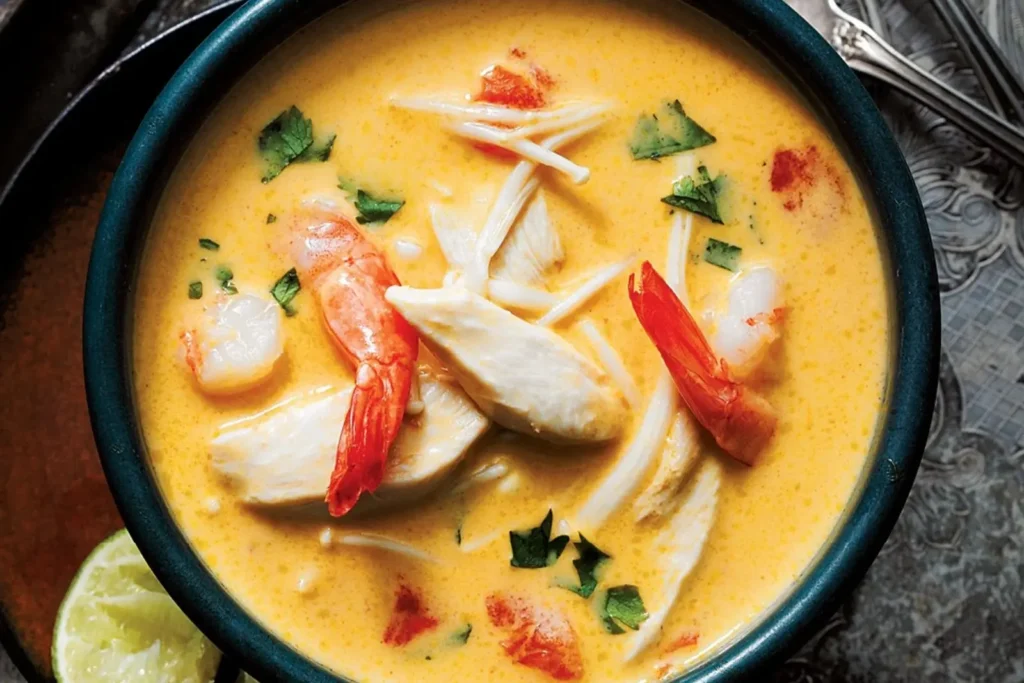 A vibrant bowl of Tom Yum soup is served in a dark blue ceramic bowl, featuring succulent shrimp, pieces of chicken, and enoki mushrooms in a creamy, orange-tinted broth. The dish is garnished with fresh cilantro and red chili oil droplets, with a wedge of lime resting on the side.